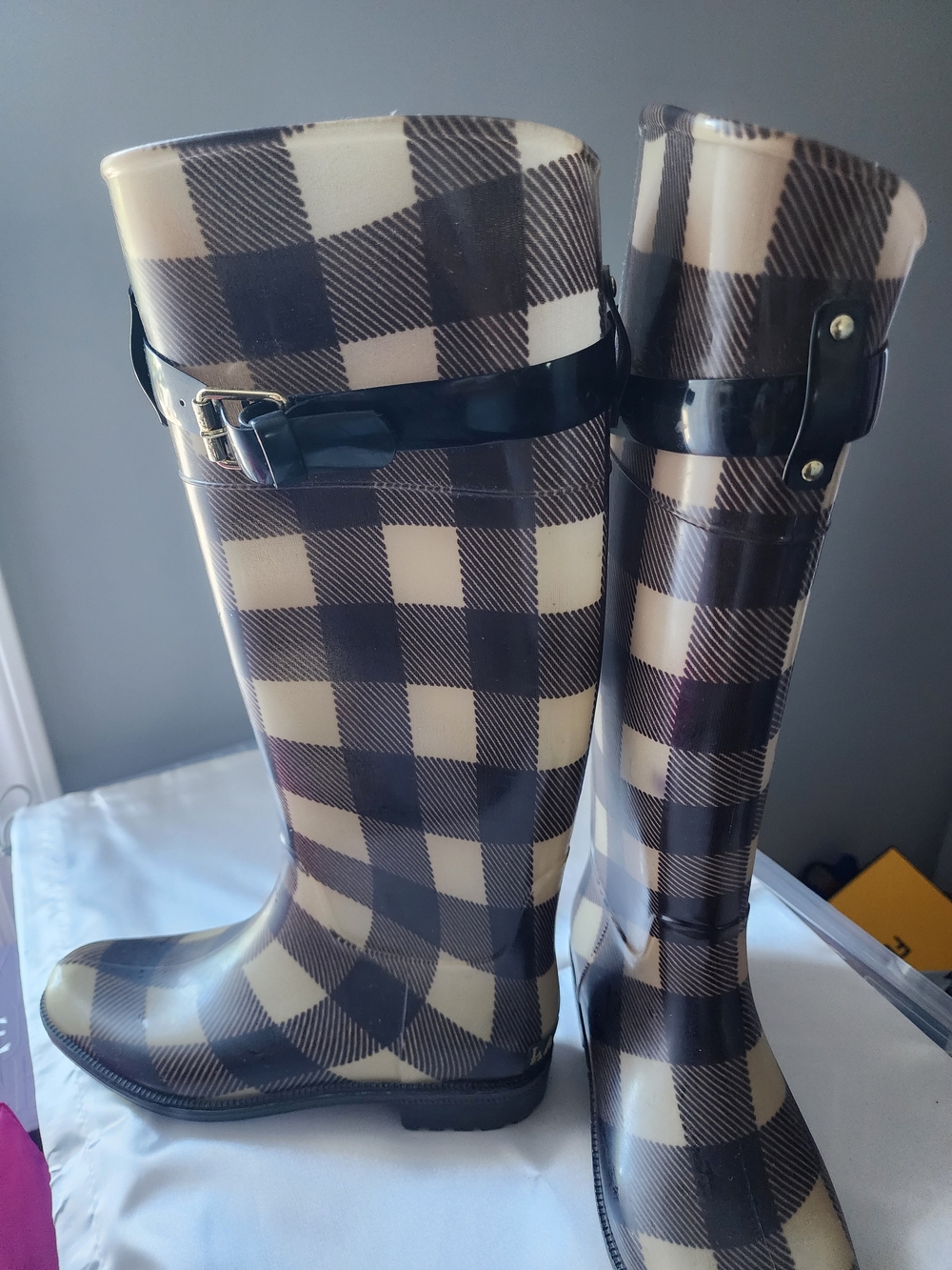 Lauren Ralph Lauren Brown and Cream Plaid Tall Rain Boots